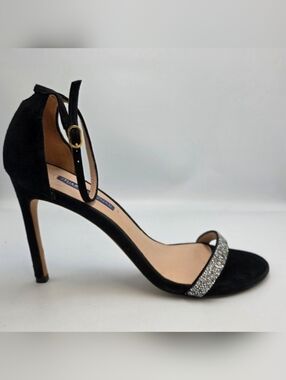 Stuart Weitzman Nudistsong Gemcut Black Suede Crystal Strap Ankle Strap Stiletto